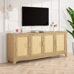 70" Farmhouse Style Natural Wood Desktop TV Stand For TVs Up To 75" Light Wood - Home Essentials