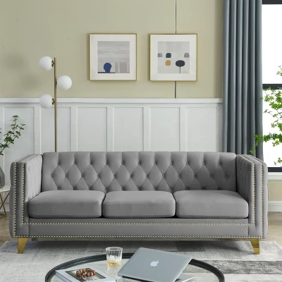 Living Room Modern Velvet Sofa With Button Tufted Square Arms And Metal Legs - ModernLuxe
