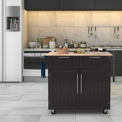 Costway Rolling Kitchen Cart Island Heavy Duty Storage Brown Trolley Cabinet Utility Modern - Image 2