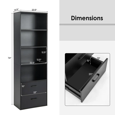 Tangkula 74” Tall Bookcase 4-tier Open Bookshelf With 2 Slide-out Drawers Modern Display Shelf With Anti-toppling Device Multipurpose Wooden Storage Organizer White/Black - Image 4