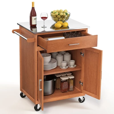 Costway Wood Kitchen Trolley Cart Stainless Steel Top Rolling Storage Cabinet Island - Image 8