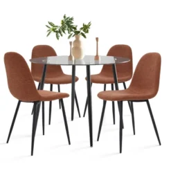 Avatar+Spoon 5-Piece Round Glass Dining Table And Upholstered Chairs With Black Metal Legs-The Pop Home