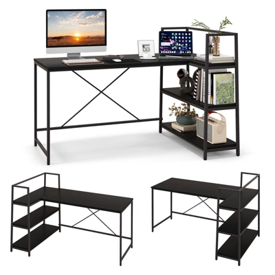 Tangkula 59 Inch L-Shaped Computer Desk Large Reversible Corner Desk W/ Open Storage Shelves Space-Saving Writing Study Table PC Laptop Gaming Desk Black/White + Natural/Black + Walnut - Image 10