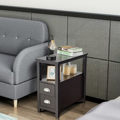 Costway End Table Space-Saving Rectangular Bedside Table W/ 2 Drawers & Shelf Espress - Image 3
