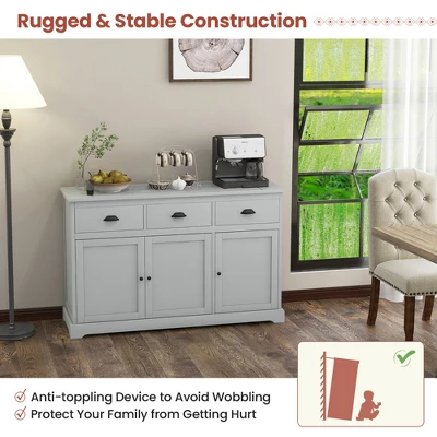 Costway 3 Drawers Sideboard Buffet Cabinet Console Table Kitchen Storage Cupboard Gray - Image 7