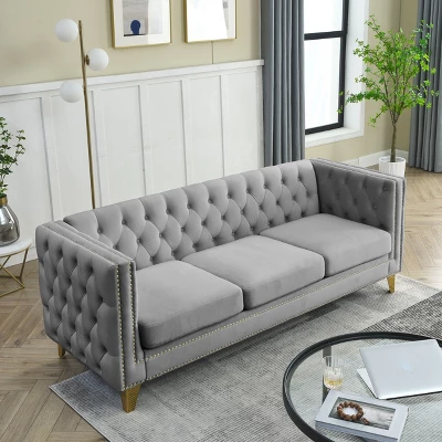 Living Room Modern Velvet Sofa With Button Tufted Square Arms And Metal Legs - ModernLuxe - Image 2