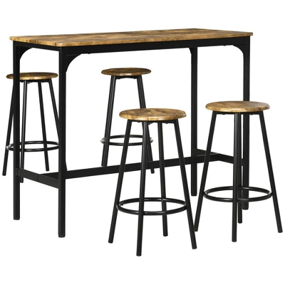 HOMCOM 5-Piece Counter Height Bar Table And Chairs Set, Rustic Bar Table With Stools, Kitchen Table 4 Chair Bar Table With Wooden Top - Image 3