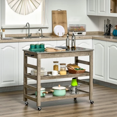HOMCOM Rolling Kitchen Cart With Stainless Steel Countertop, 1 Bottom Shelf, 1 Slotted Middle Shelf And 4 Castor Wheels, Gray - Image 2
