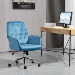 Vinsetto Modern Mid-Back Tufted Velvet Fabric Home Office Desk Chair With Adjustable Height, Swivel Adjustable Task Chair With Padded Armrests, Blue