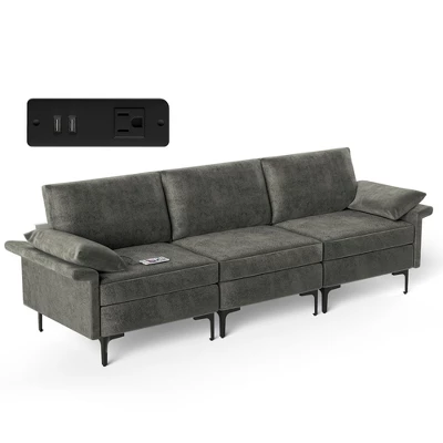 Costway Modern Modular Fabric 3-Seat Sofa Couch With Socket USB Ports & Metal Legs Grey/Blue - Image 11