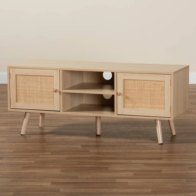 Sebille Wood With Natural Rattan 2 Door TV Stand For TVs Up To 45" Light Brown - Baxton Studio - Image 8