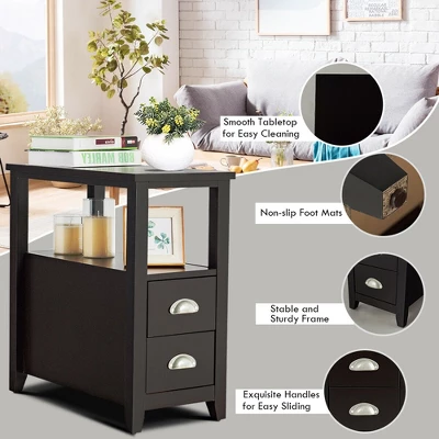 Costway End Table Space-Saving Rectangular Bedside Table W/ 2 Drawers & Shelf Espress - Image 7