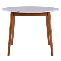 Ashton Round Dining Table With Faux Marble Top Solid Wood Leg Walnut - Teamson Home