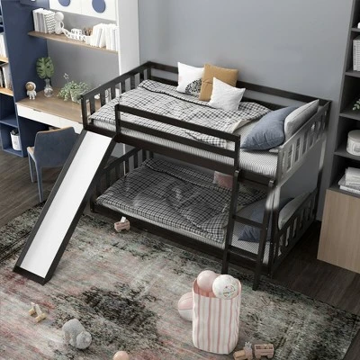 Costway Twin Over Twin Bunk Wooden Low Bed With Slide Ladder For Kids - Image 4