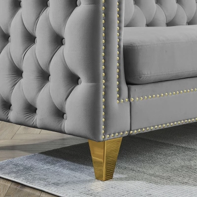 Living Room Modern Velvet Sofa With Button Tufted Square Arms And Metal Legs - ModernLuxe - Image 12