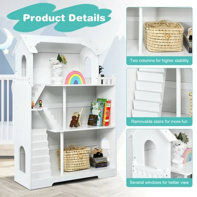 Costway 3-Tier Wooden Dollhouse Bookcase Children's Bookshelf In Kid's Room Gift For 3+ - Image 7