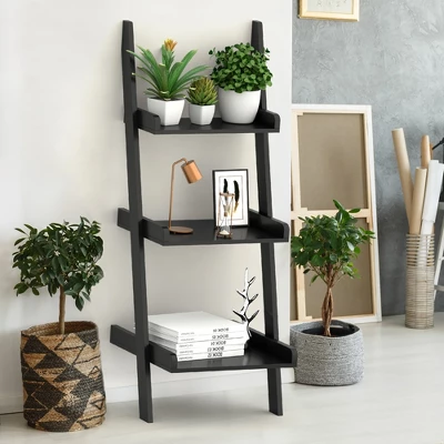 Costway 3 Tier Leaning Rack Wall Ladder Book Shelf Bookcase Storage Display Multipurpose - Image 2
