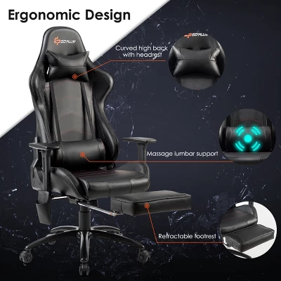 Costway Massage Gaming Chair Adjustable Reclining Racing Chair W/Headrest&Footrest GrayBlack - Image 5