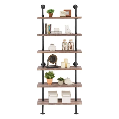 Modern Industrial 6-Tier Iron Pipe Wall Mount Ladder Shelf Distressed Wood - Danya B. - Image 3