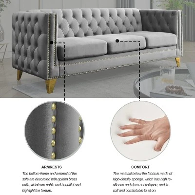 Living Room Modern Velvet Sofa With Button Tufted Square Arms And Metal Legs - ModernLuxe - Image 9
