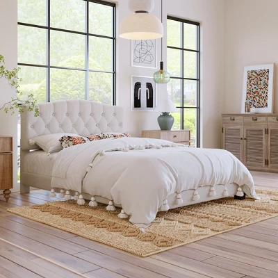 Upholstered Linen Platform Bed Frame With Curved Tufted Headboard Beige-ModernLuxe - Image 9