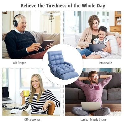 Costway Folding Floor Armchair W/6-position Adjustable Back & Lumbar Pillow Blue - Image 3