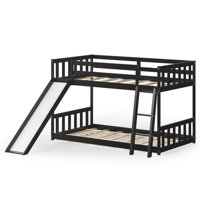 Costway Twin Over Twin Bunk Wooden Low Bed With Slide Ladder For Kids - Image 10
