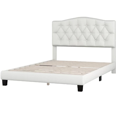 Upholstered Linen Platform Bed Frame With Curved Tufted Headboard Beige-ModernLuxe - Image 2