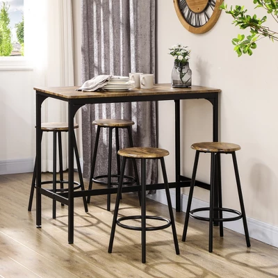 HOMCOM 5-Piece Counter Height Bar Table And Chairs Set, Rustic Bar Table With Stools, Kitchen Table 4 Chair Bar Table With Wooden Top - Image 2