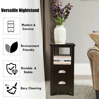 Costway End Table Space-Saving Rectangular Bedside Table W/ 2 Drawers & Shelf Espress - Image 6