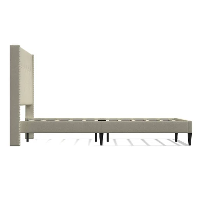 Glenwillow Home MCM Upholstered Platform Bed, Nailhead Trim Button Tufted MCM Wingback, Mattress Foundation, No Box Spring Needed, Beige, Queen - Image 3