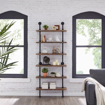 Modern Industrial 6-Tier Iron Pipe Wall Mount Ladder Shelf Distressed Wood - Danya B. - Image 2