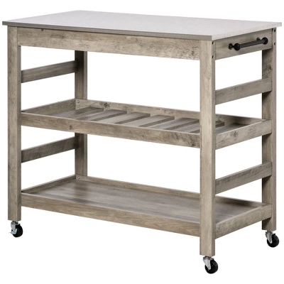 HOMCOM Rolling Kitchen Cart With Stainless Steel Countertop, 1 Bottom Shelf, 1 Slotted Middle Shelf And 4 Castor Wheels, Gray - Image 3