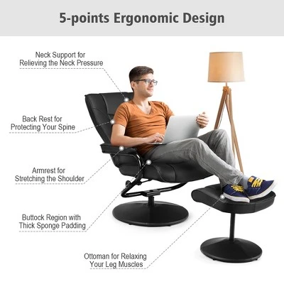 Costway Recliner Chair Swivel PU Leather Lounge Accent Armchair W/ Ottoman Black - Image 6