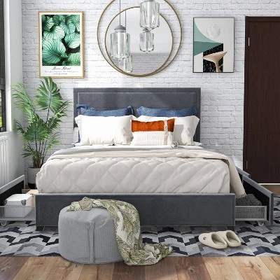Ekali Upholstered Platform Bed With 4 Side Drawers - MiBasics