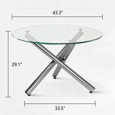 Eileen 43.3 Inch Contemporary Round Dining Table With Clear Tempered Transparent Glass Tabletop And Pedestal Legs-The Pop Maison - Image 2