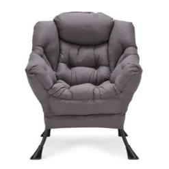 JOMEED Modern Fabric Lazy Lounge Foldable Lightweight Single Steel Frame Accent Chair With Armrests And Side Pocket For Home Or Office, Grey
