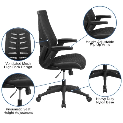 Emma And Oliver High Back Black Mesh Swivel Ergonomic Office Chair With Adjustable Flip-Up Arms - Image 2