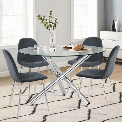 Eileen+Spoon 5-Piece Silver Round Clear Glass Dining Table Set With 4 Upholstered Chairs -The Pop Maison - Image 11