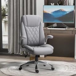 Vinsetto High Back 360° Swivel Ergonomic Home Office Chair With Flip Up Arms, Faux Leather Computer Desk Rocking Chair, Grey