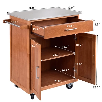 Costway Wood Kitchen Trolley Cart Stainless Steel Top Rolling Storage Cabinet Island - Image 3