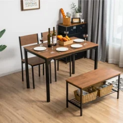Tangkula 4PCS Dining Table Set Kitchen Table With Bench And Chairs Industrial Gathering Bench Dining Set Brown/Grey