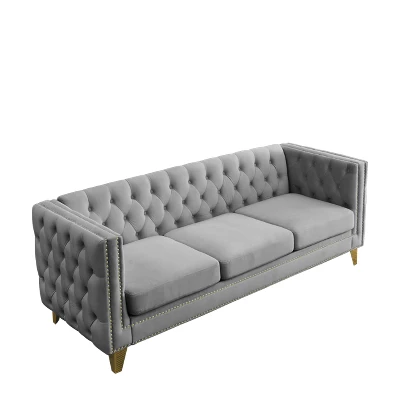 Living Room Modern Velvet Sofa With Button Tufted Square Arms And Metal Legs - ModernLuxe - Image 4