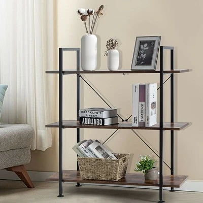 Costway 3-Tier Bookshelf Industrial Bookcase Display Shelf Storage Rack Rustic Brown - Image 2