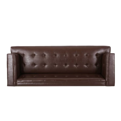 Raintree Mid Century Modern Faux Leather Tufted 3 Seater Sofa Dark Brown/Espresso - Christopher Knight Home - Image 3